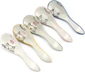 09018 123arts 5pcs Ceramics Japanese Fortune Cat Lucky Hand Painted Soup Spoons