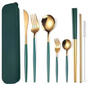 Aarainbow 679264471743 8 Pieces Stainless Steel Flatware Set Portable Green Golden
