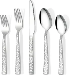 Sl01 Amafox 20-piece Hammered Silverware Set Food-grade Stainless Steel Flatware Silver