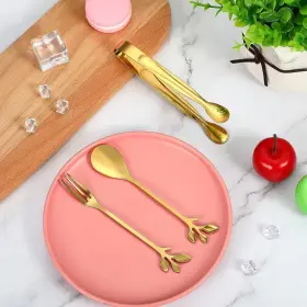 Anqtovp 744110527643 Gold Stainless Steel Leaf Dessert Spoons Metal Dinner Forks Mini Serving Tongs S