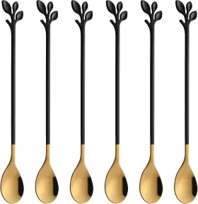 Ansaw 313029773764 6-piece Elegant Black And Gold Leaf Long Handle Teaspoons - 7.4 Inch Stainless
