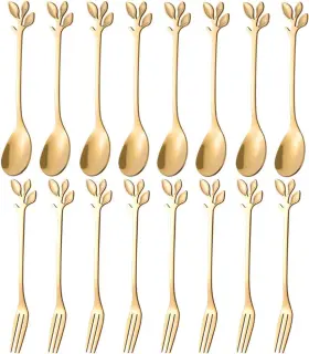 Ansaw 445003816884 16-pc Gold Mini Leaf Coffee Spoons And Dessert Forks - 4.7 Inch Stainless Steel