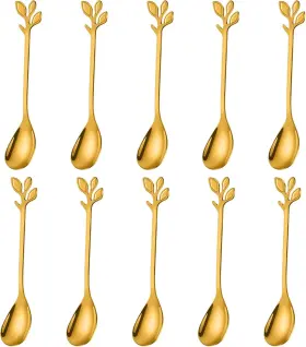 Ansaw 726084776883 Elegant Gold Leaf Coffee Spoons - 10-piece 4.7 Inch Mini Stainless Steel Espr