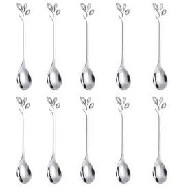 Cream-05h-509 Ansaw 10-pc Elegant Silver Leaf Coffee Spoons 4.7 Inch Mini Stainless Steel Espresso Set