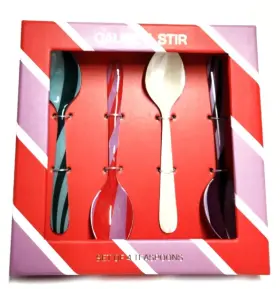 91943324 Anthropologie Cause A Stir Metal Teaspoon Set Of 4 Assorted Holidays Stripe New