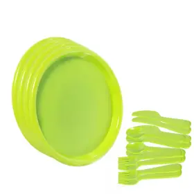 Basicwise 445038348398 Green Reusable Cutlery Set Of 4 Plastic Plates Spoons Forks And Knives For Bab