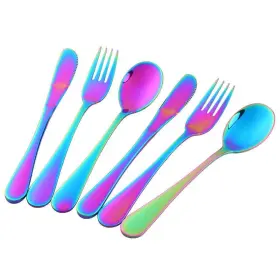 Bisda 795036697869 6pcs Flatware Silverware Set 18/8 Stainless Steel Cutlery For 2 Rainbow Finish