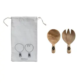 Bloomingville 191009598961 7 Inches Mango Wood Wrapped Handles And Printed Drawstring Bag Natural B
