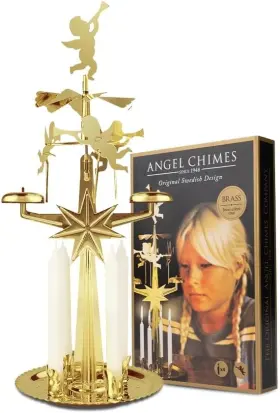 9011b Branded Original Swedish Angel Chimes Carousel And 4 Candles Gold