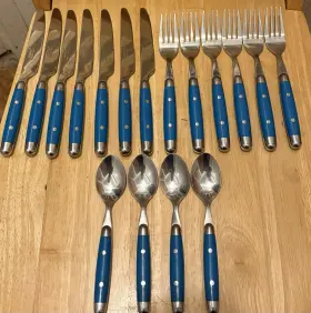 Cambridge 719978838323 17pc Flatware Stainless Plastic Jubilee Light Blue Fork Spoon Knife