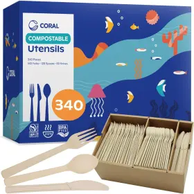 Chanyi Technology 445054069031 Coral Light Brown 100% Compostable Silverware Set 340 Pieces - Heavy Duty 160 Fo