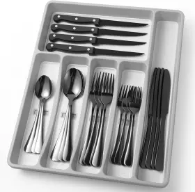 Cherhome 768795712422 25-piece Black Silverware Set With Organizer Heavy Duty Stainless Steel Flatwa