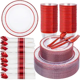 Ey00 Ciaell 350 Pcs Clear And Red Plastic Plates Dinnerware Set For 50 Gu