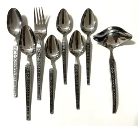 Unf214 Cosmos Products Csm29 Stainless Spoons Fork Gravy Ladle Textured Floral Lot Of 8