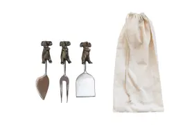 Creative Co-op 191009197591 Cast Aluminum Cheese Servers With Mice Shaped Handles In Drawstring Bag Set