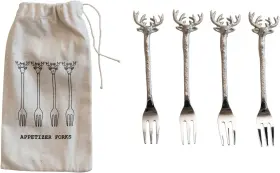 Xs5380 Creative Co-op Reindeer Handle Appetizer Forks Silver Set Of 4
