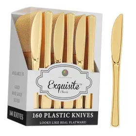 Crown Display 743795944431 Plastic Knives Heavy Duty 160 Pcs Silverware Gold