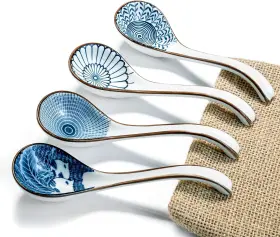 Daho Gomsu 744110166804 Asian Ceramic Soup Spoon With Long Handle Easy To Hold Non-slip Bottom