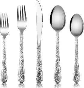 E-far 652670652807 Silverware Set For 12 60-piece Hammered Silver