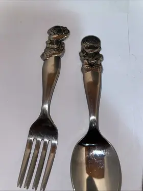F061006a Enesco Jonathan & David Precious Moments Thank You God For Everything - Youth Spoon Fork Knife 1983 #2