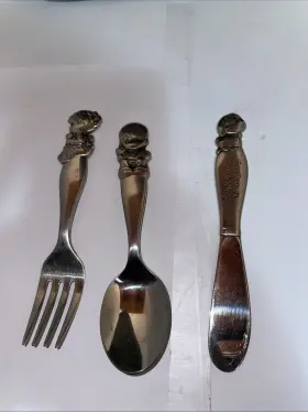 F061006a Enesco Jonathan & David Precious Moments Thank You God For Everything - Youth Spoon Fork Knife 1983