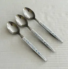 Eps11 Epic Stainless Japan Set Of 3 Teaspoons Blue Pattern On White