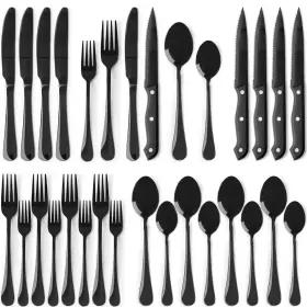 Esepony 313102738741 24-piece Black Stainless Steel Silverware Set With Steak Knives Spoons And Forks
