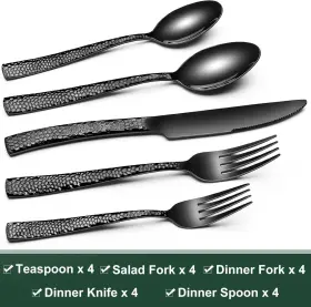 Xike-0103us Ewfen Black Hammered Silverware Set 20-piece Stainless Steel Wave Flatware For 4 #2