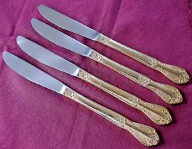 27044 Farberware 4 Solid Handle Knives Gold Electroplate Regal Pattern 8.75 Inch #