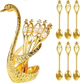 20210119 Flylin Gold Swan Spoon Holder With 6 Metal Spoons Coffee And Dessert Flatware Set