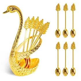 Flylin 748507985641 Metal Coffee Dessert Spoon Set Swan Base Holder Organizer With 6pcs Sp