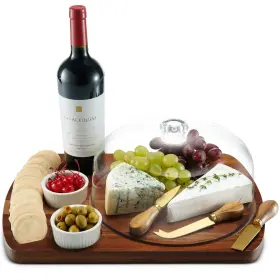 12569 Godinger Acacia Charcuterie Cheese Board Set Knife Dome Dip Bowls Gift