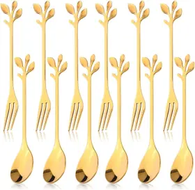 Golden Pearl 740283774495 12pcs Stainless Steel Gold Leaf Coffee Spoon And Cake Fruit Forks