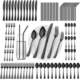 Gutuwellea 761736065694 84 Pieces Black Silverware Set Service For 12 Flatware With Straws