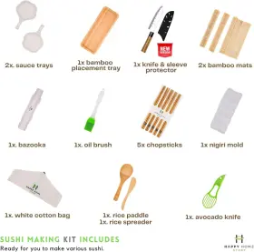 Happy Home Story 715706557382 Sushi Making Kit Complete 17 Piece Set - With Bamboo Roller Mat Multicolor #2