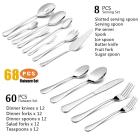 8541918926 Haware 68 Pieces Silverware Set With Serving Stainless Steel Modern Flatware Ea #2
