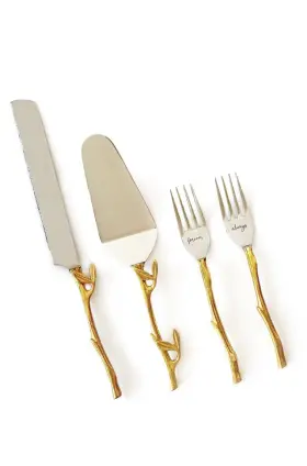 Heartfelt Homie 860010754504 Wedding Cake Knife And Server Set - 4 Pc Cutting With Gold Twig Leaf