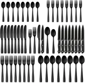 Fan-b48 Hiware 48-piece Matte Black Silverware Set With Steak Knives Flatware