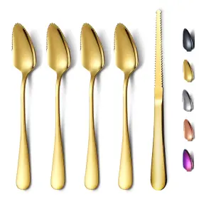 T88wsg-sk-5p Homquen Brand Gold Grapefruit Spoons 5 Pieces Set 4 Stainless Steel 1 Knife Titanium Of