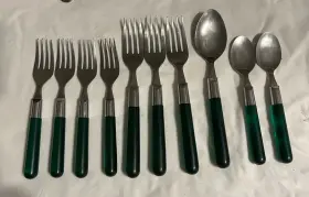 M9149 Ikea Mejsel Flatware Stainless Steel Green Plastic Handles Set Of 10 Fork Spoons