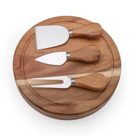 Ileaf 717410886932 Round Slide-out Acacia Wood Cheese Board And 3 Piece Tool Set 7.5 Inch Diameter