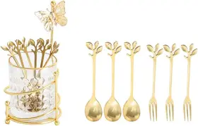 Inpropext 445032671645 6pcs Coffee Spoons With Glass Holder Small Stainless Steel Gold Tea Sp