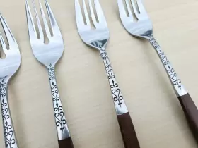 Inr2 Interpur 4 Stainless Steel Salad Forks Brown Faux Wood Handle Japan Flatware #3