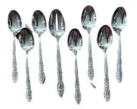 Inr26 Interpur Stainless Soup Spoons And Teaspoons Ornate Floral Lot Of 8