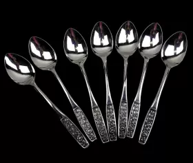 Inr28 Interpur Stainless Flatware Embossed Roses Black Accent Lot 7 Soup Spoons