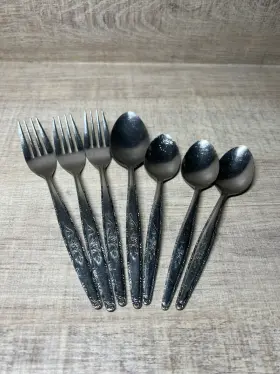 Inr7 Interpur Vintage Stainless Japan Single Rose Lot Dinner Forks Spoons 7pc