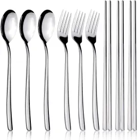 Cj-125-3 Iqcwood Spoons And Forks Flatware Set 3 Pairs Chopsticks Silver