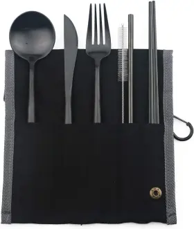 Jankng 313115346353 Travel Flatware Set - 6 Pieces Stainless Steel Cutlery With Pouch Black