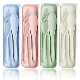 Jnnzzggu 780280713394 4 Sets Wheat Straw Cutleryportable Cutlery Spoon Knife Fork Tableware Set Wit