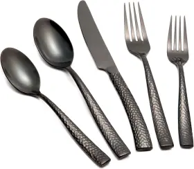 Kl-fs20-02s Kelenfer Flatware Set Silverware 20 Pieces Mirror Pcs Hammered Black